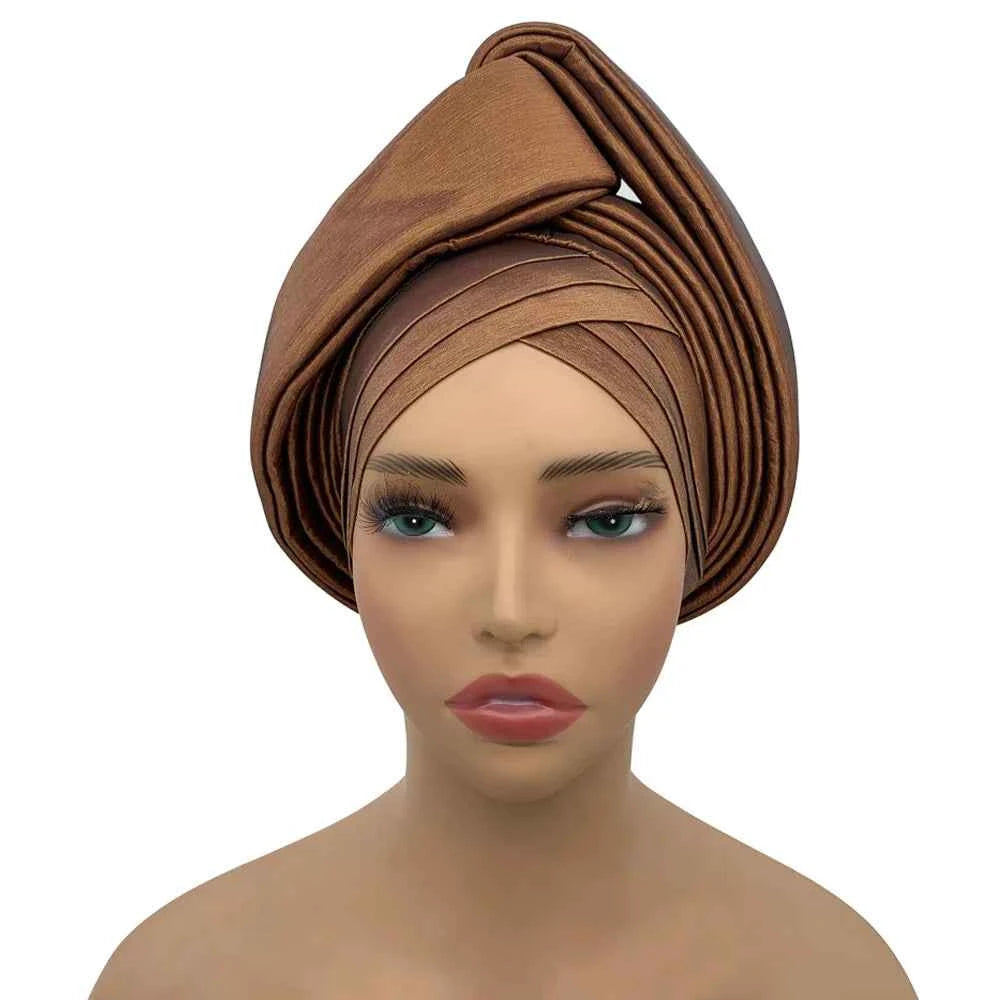 Nigeria Raw Silk Autogele Headtie Wedding Party Headwear Turbante African Lady Head Wraps Knoted Turban Cap for Women