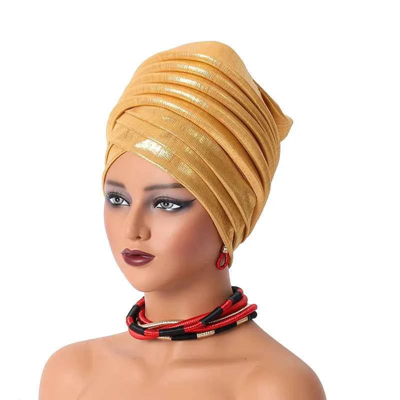 African Women's Auto Gele Headtie Nigeria Lady Pleated Head Wraps Muslim Headscarf Bonnet Turbante Mujer