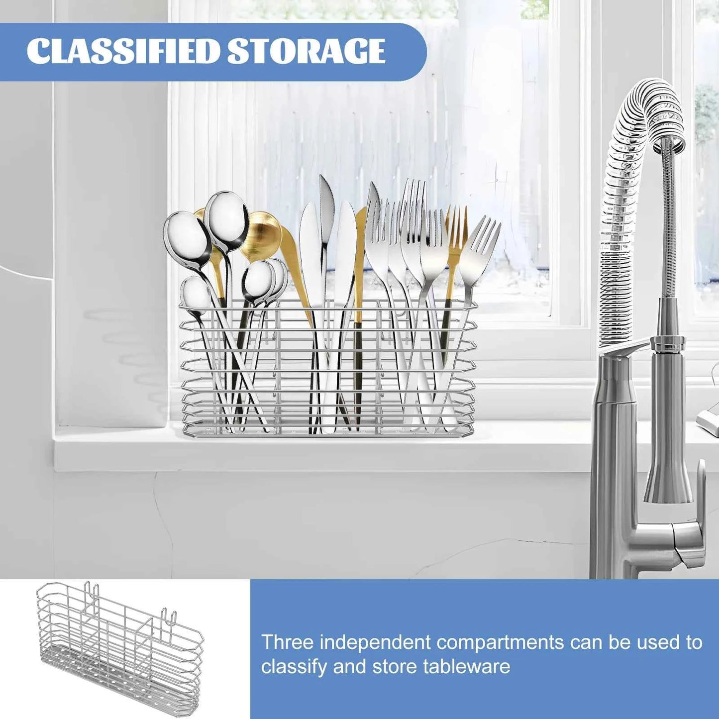 Stainless Steel Utensil Storage Rack Kitchen Chopstick Hanging Holder Cutlery Scoop Storage Basket Sink Countertop Organizers