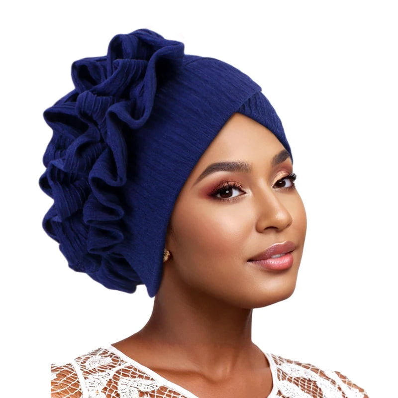 New Muslim Ruffle Flower Elegant Turban Hat for Women Bonnet Solid Hat Elastic Islam Beanies Hats Ramadan Chemo Cap - NamafadStore