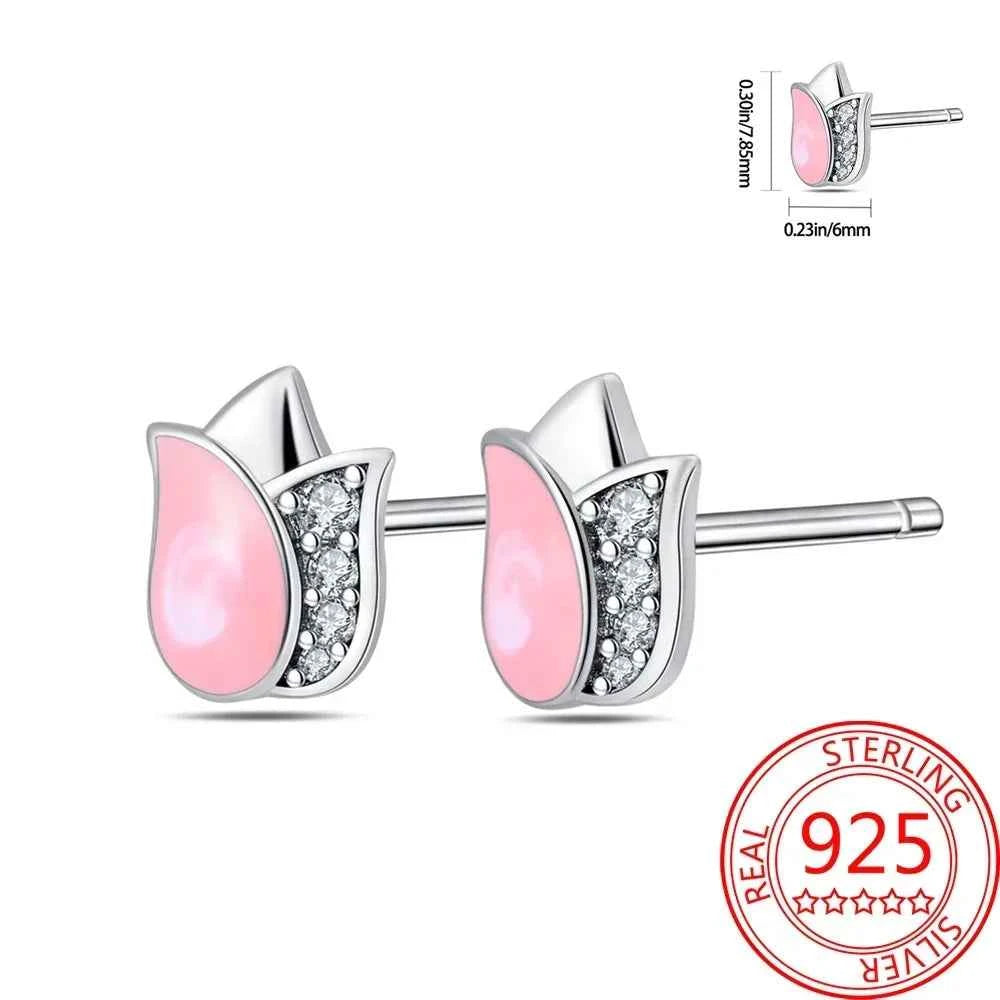 Pink Series 925 Sterling Silver Romantic Flower Butterfly Unicorn Tulip Geometry Earrings Boutique Fine Jewelry Gifts for Women
