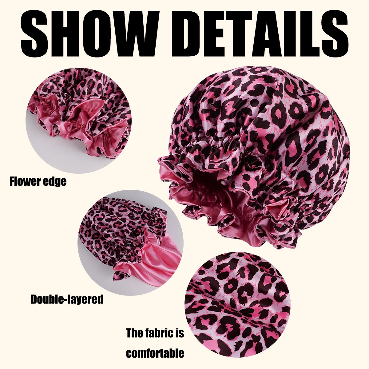 Women's Large Wide Edge Elastic Hat, Casual Silk Bonnet, Smooth Tint, Suitable for Curled, Straight, Leopard Print, Fashion, 1Pc