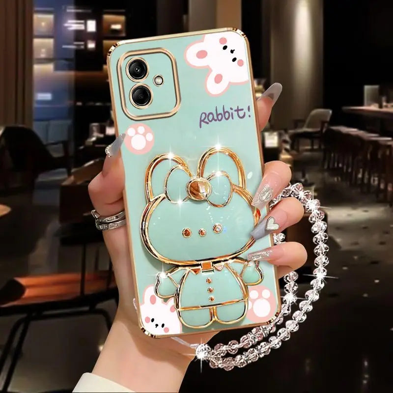 Diamond Strap Rabbit Phone Holder Case For Samsung Galaxy A01 A02 A03 A04 A05 A10 A11 A12 A23 A20S A21S A30 A31 A50 Stand Cover