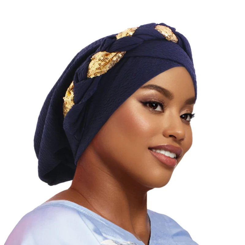 New African Headband Turban Cap Muslim Fried Dough Twists Braid Head Cap Islamic Chemo Hair Care Hats Beanie Headscarf - NamafadStore