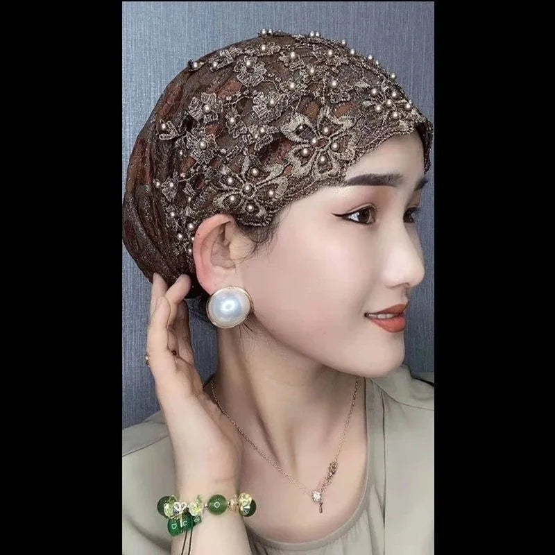 Breathable Lace Beading Turban Hat Summer Female Head Wraps Caps Muslim Women Headscarf Bonnet Ready to Wear Inner Hijabs - NamafadStore
