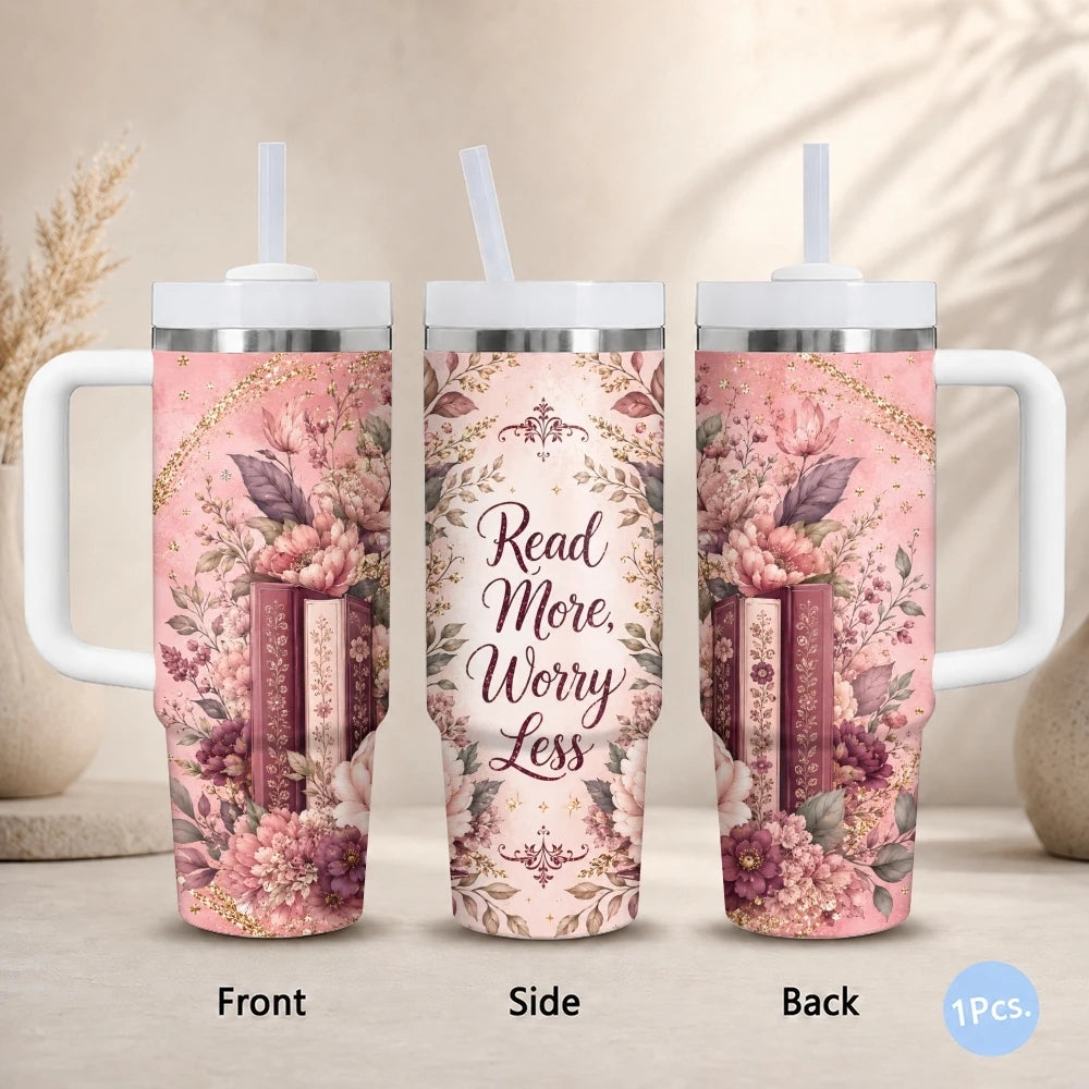 Floral & Book Lover 40oz Tumbler – Insulated Stainless Steel Cup with Straw