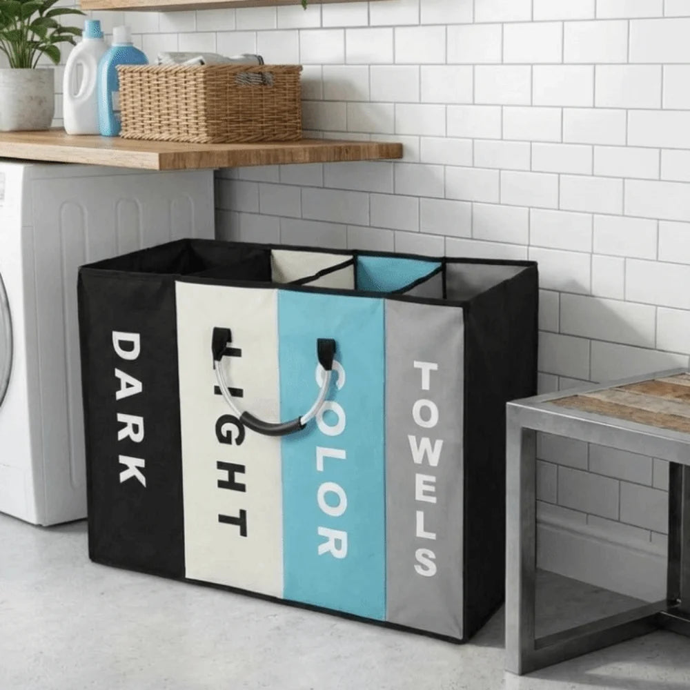4-Grid Large Laundry Basket – Folding Divided Clothes Hamper with Handles