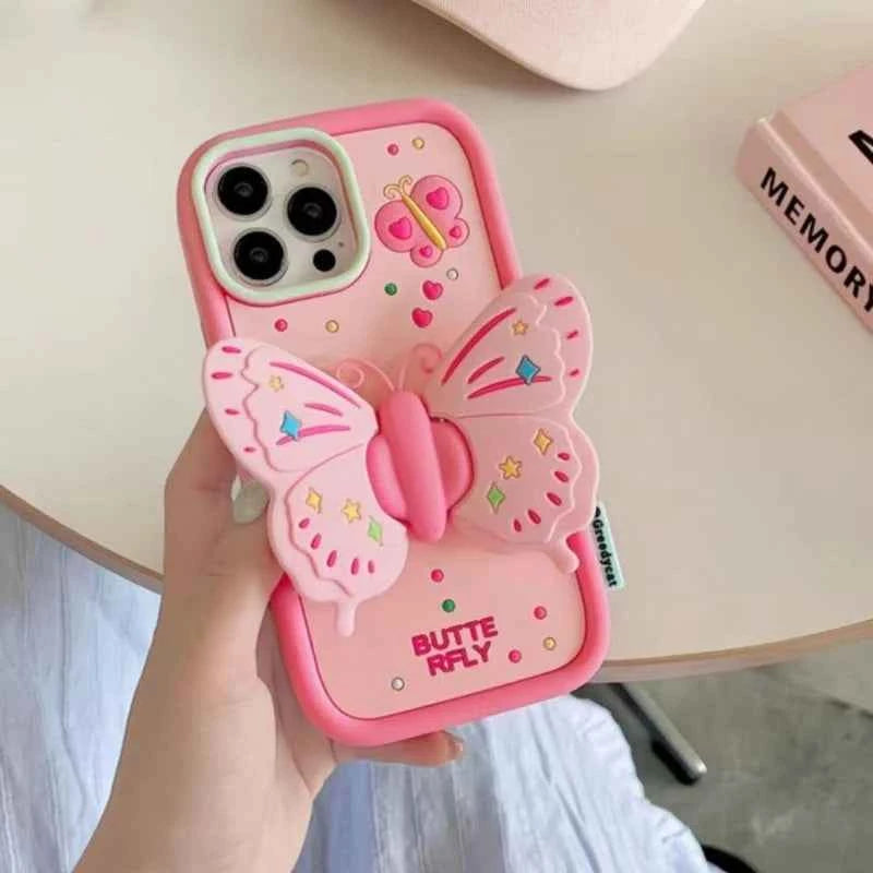 3D Butterfly Folding Stand Phone Holder Case For iPhone 16 15 14 13 12 Pro Max 11 8 7 6 Plus SE X XR Soft Silicone Cartoon Cover