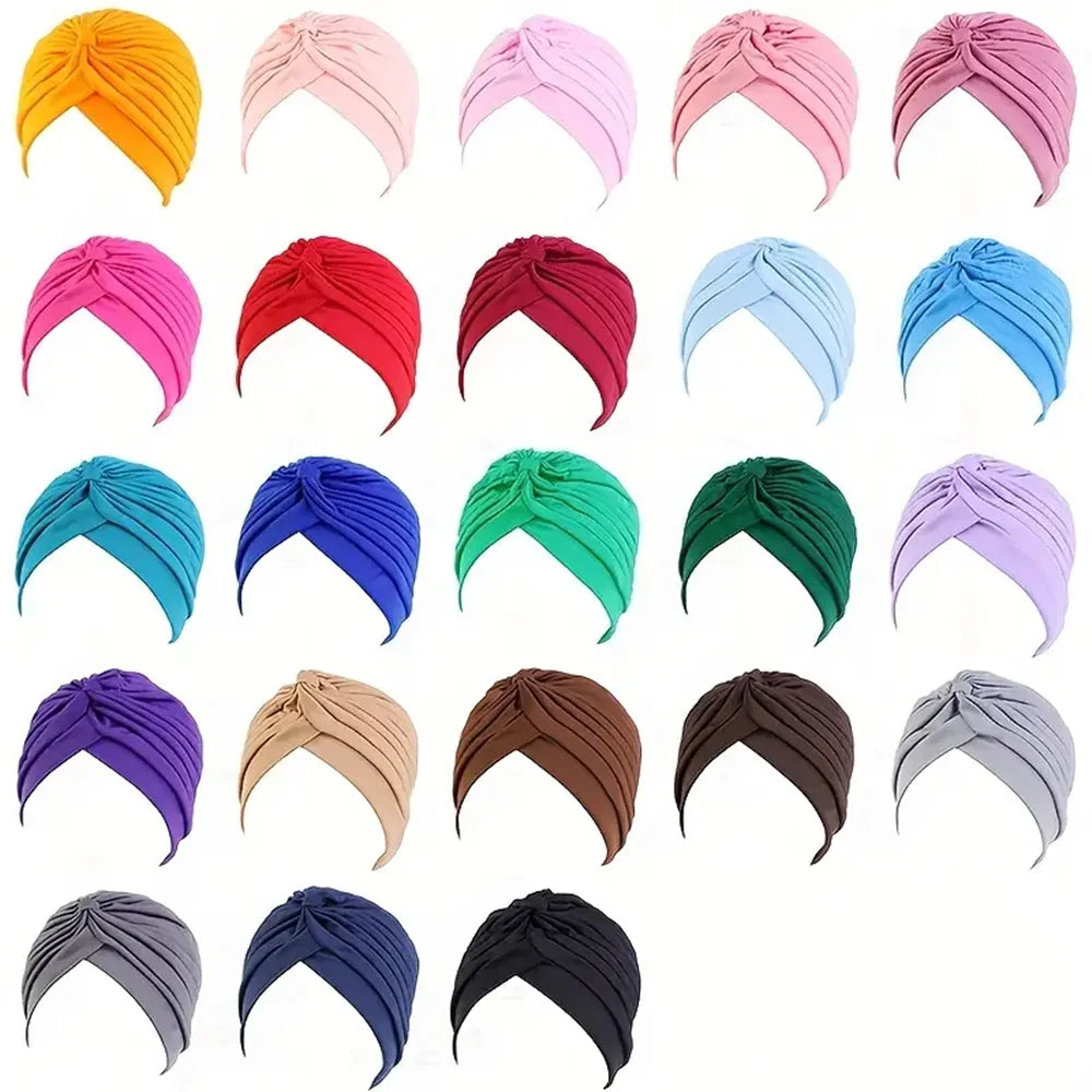 4pcs/set Solid Color Turban Cap Elastic Bonnet Head Scarf Women Chemo Hats Casual Pleated Head Wrap - NamafadStore