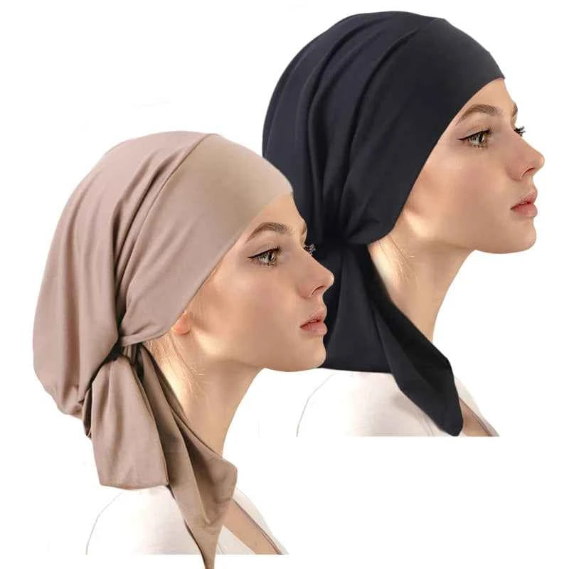 2PCS Pre-Tie Muslim Turban – Elastic Ribbon Head Scarf & Fashion Beanie for Women