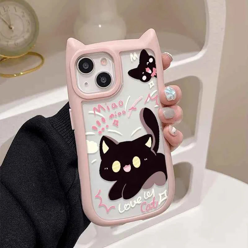 Cartoon Cute Cat Transparent Case for iPhone 15 16 14 13 17 Pro Max Plus 12 11 17 Air Cat's Ears Clear Shockproof Silicone Cover