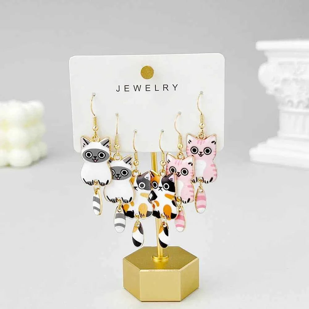 3 Pairs New Fun and Cute Enamel Alloy Hanging Tail Cat Dangle Earrings Colored Cat Ear Jewelry Set Lovely Gift For Women Girls
