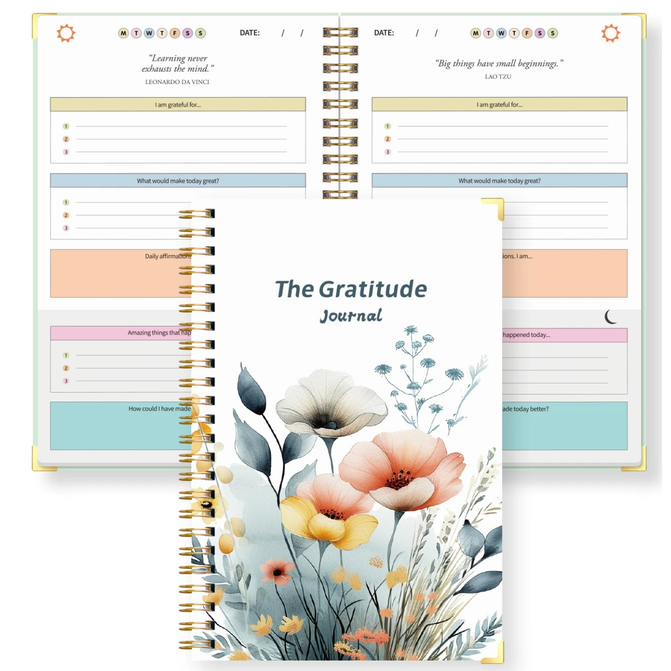 A5 Gratitude Journal, Daily Guided Notebook with Prompts for Thankfulness, Positive Affirmations, Spiral Bound Floral Cover
