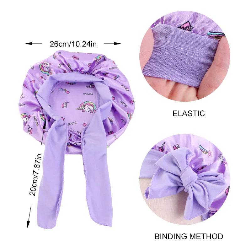 New Kids Unicorn Satin Bonnet Wide Elastic Band Ribbon Sleeping Cap Curly Natural Hair Child Night Caps Shower Cap Headscarf