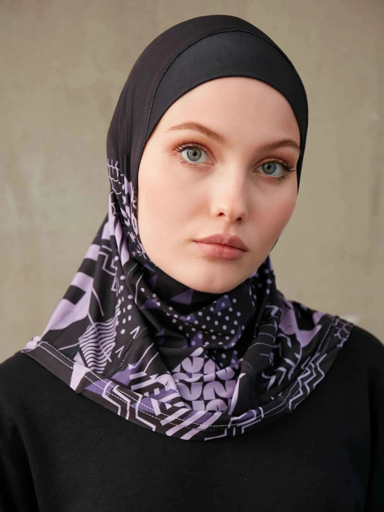 Sporty Inner Women's Hijabs Muslim Breathable Islamic Instant Turban For Ladies Geometric Printing Pattern Head Wrap Headband