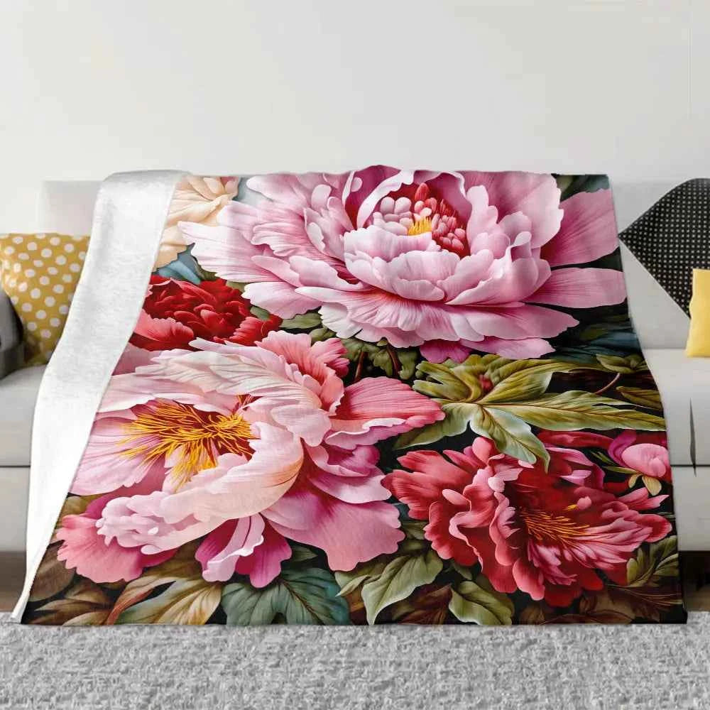 Peony Blush & Red Floral Throw Blanket - Soft, Lush Textured Design with Pink/Red Peonies, Golden-Yellow Stamens, Green Leaves -