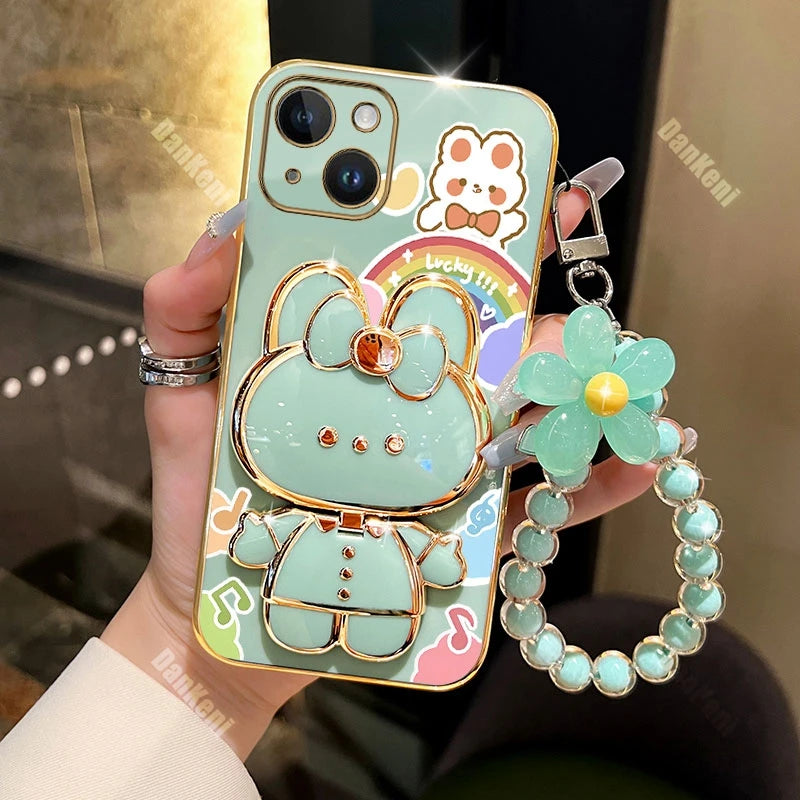13 14 Lucky Rabbit Holder Bracelet Plating Phone Case For iPhone 13 14 12 15 Pro Max Mini 15 14 Plus XS XSMax XR X Cover