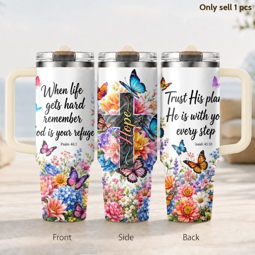 40oz Christian Butterfly Floral Tumbler – Insulated Stainless Steel Cup