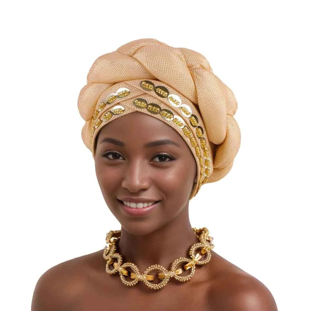 2025 Latest African Auto Gele Headtie Already Made Headties Shinning Turban Cap for Women Ready Nigerian Hijab Braid Head Wraps