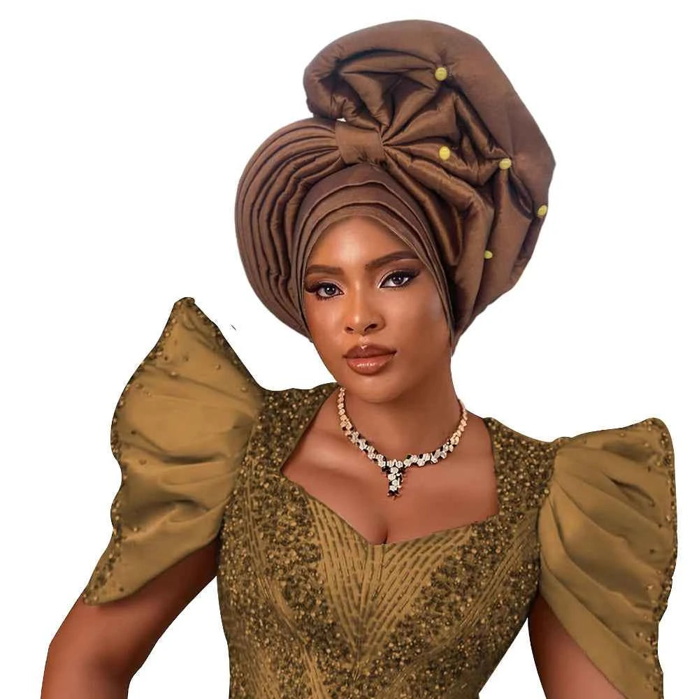 African Female Head Wraps Raw Silk Turban Cap for Women Nigeria Wedding Party Headcover Hat Ready to Wear Head Ties