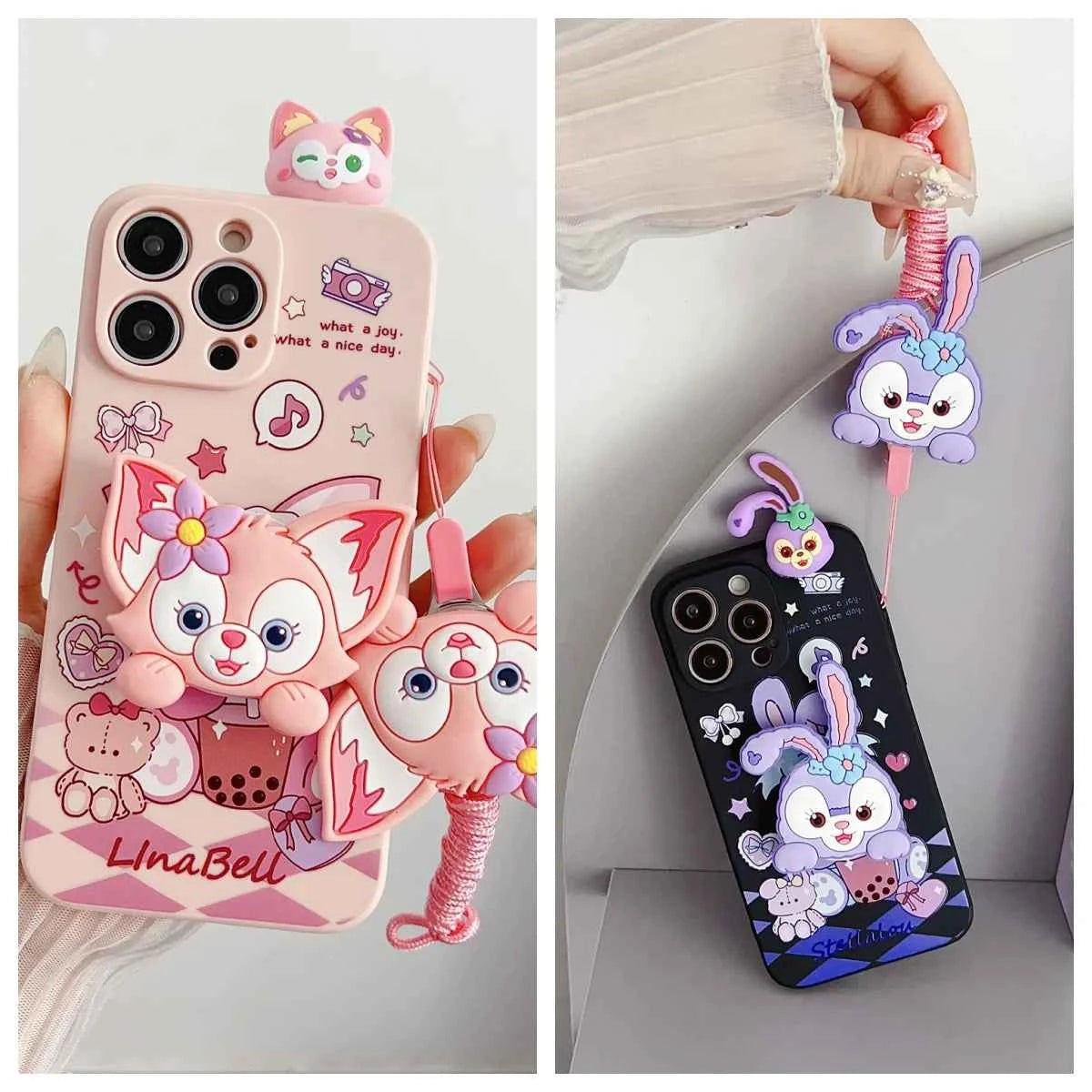3D Cartoon StellaLou LinaBell Doll Phone Case With Holder Rope Lanyard For iPhone 17 16 Pro Max 15 Pro 14 Plus 13 12 11 Mini