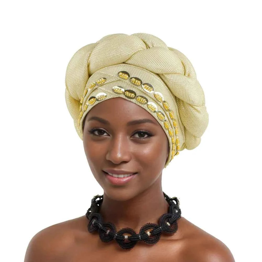 2025 Latest African Auto Gele Headtie Already Made Headties Shinning Turban Cap for Women Ready Nigerian Hijab Braid Head Wraps