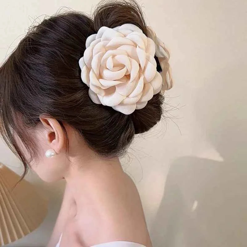 French Romantic Rose Flower Hair Clip Women Elegant Large Shark Clip Hair Claw Ponytail Barrettes Girl Hair Accessories Headwear