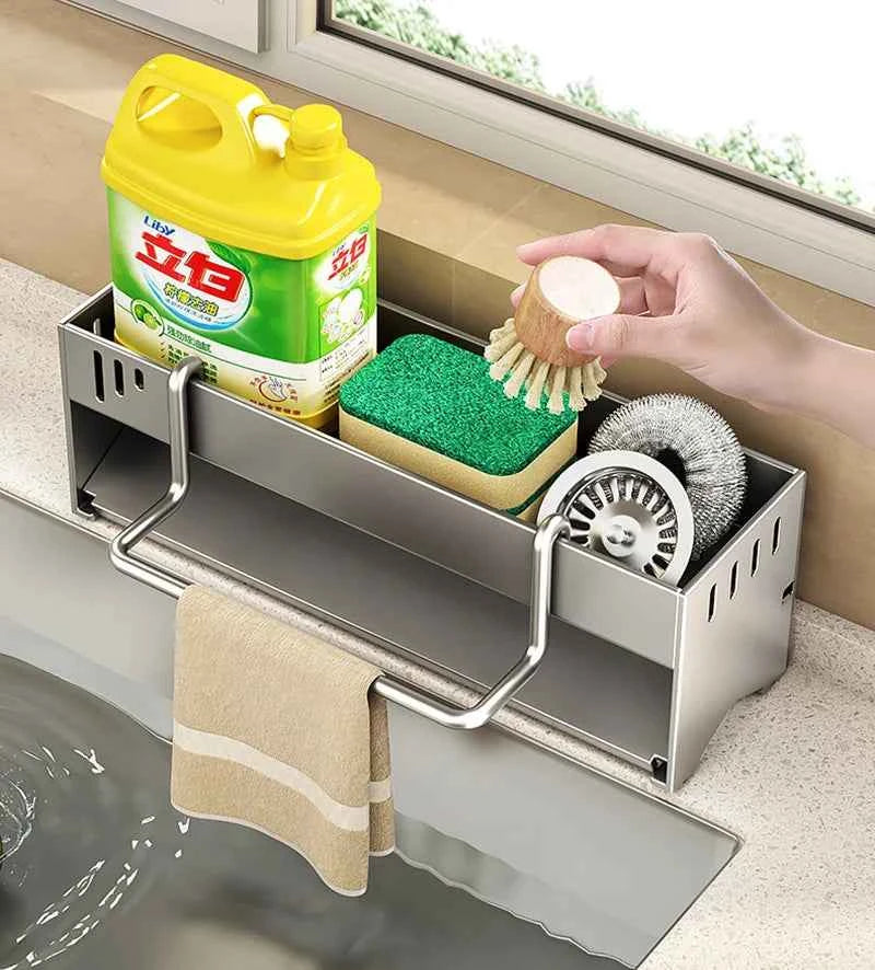 1pc Stainless Steel Kitchen Storage Rack Large-capacity Rag Sponge Draining Rack Household Sink Storage Rack Kitchen Organizer