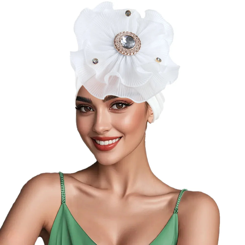 Trendy Crinkle Women's Hijab Solid Color Muslim Ladies Turban Bonnet Flower Decor Ramadan Head Wrap Head Scarf Indian Hat Mujer - NamafadStore