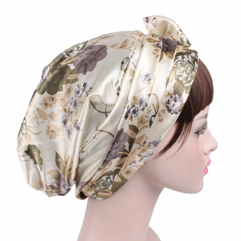 Women Silk Satin Cap Night Sleep Cap Hair Bonnet Hat Head Cover Satin Turban Headscarf Adjustable Ladies Long Hair Care Bonnet - NamafadStore