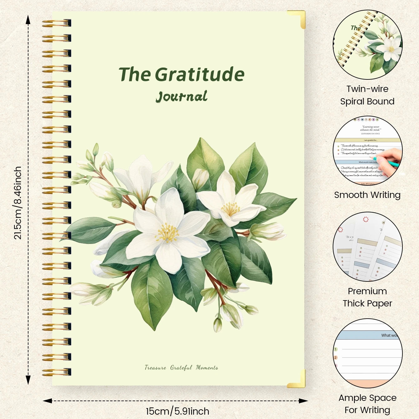 A5 Gratitude Journal, Daily Guided Notebook with Prompts for Thankfulness, Positive Affirmations, Spiral Bound Floral Cover