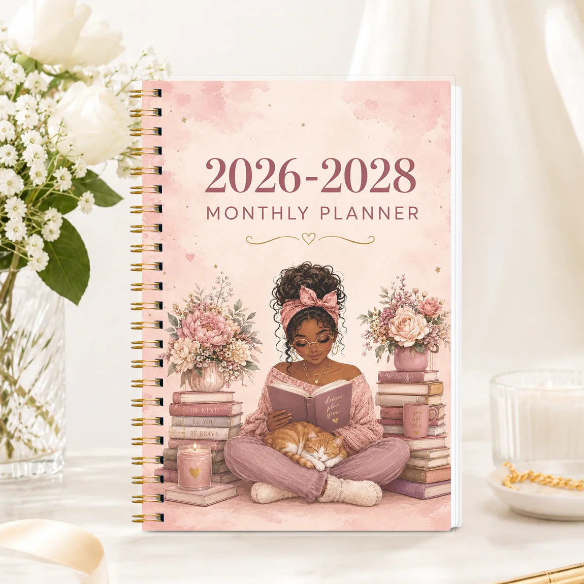 1PC 2026.7-2028.6 24 Monthly Planner, Reading Girl A5 Spiral Agenda Notebook with Reference Calendars and Notes Pages