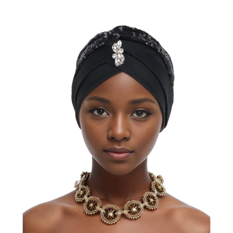 Muslim Headscarf Cap Lady Headwrap Hat Turbante Mujer Sequins Turban Cap for Women Cross Forehead Wrap Head Bonnet - NamafadStore