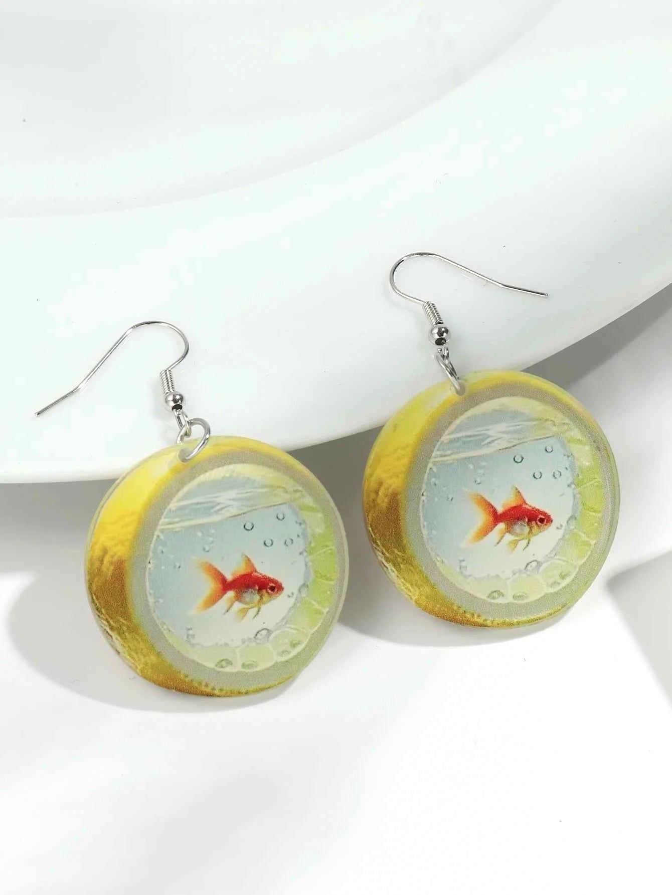 Cute Cartoon 2D Lemon Fish Acrylic Print Drop Earrings for Women Funny Round Carp Dangle Earring Creative Jewelry Birthday Gift