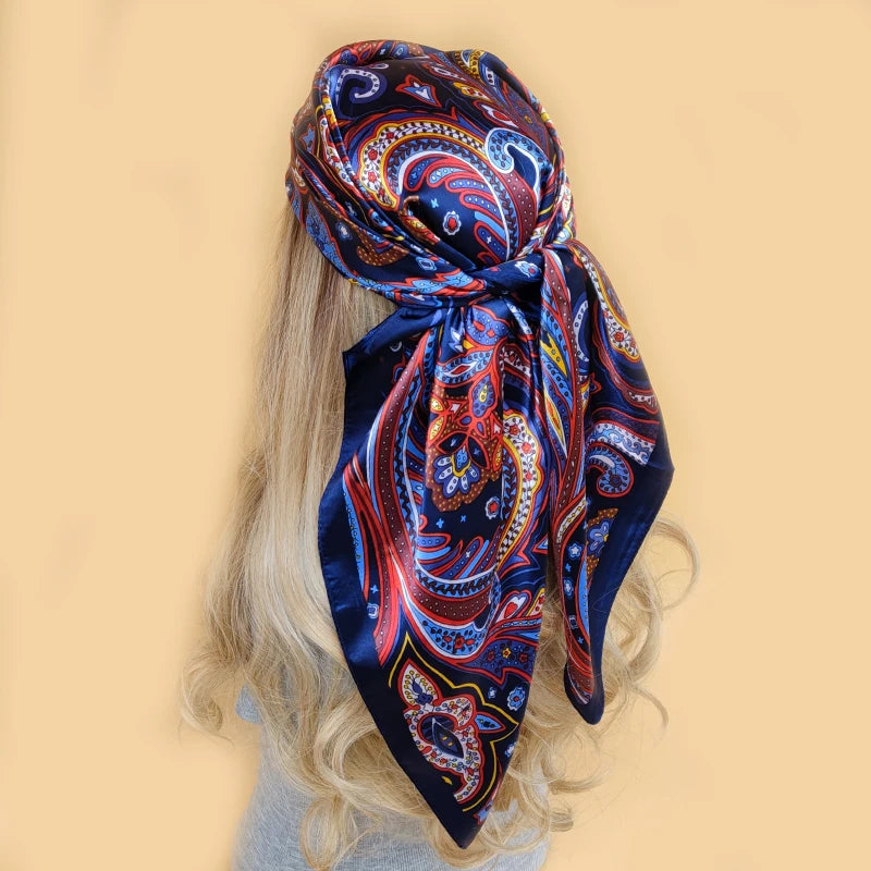New 90*90cm Retro Brand Women Silk Scarf Bandanna Fashion Bohemian Pattern Square Hijab Lady Wrap Headband foulard muffler