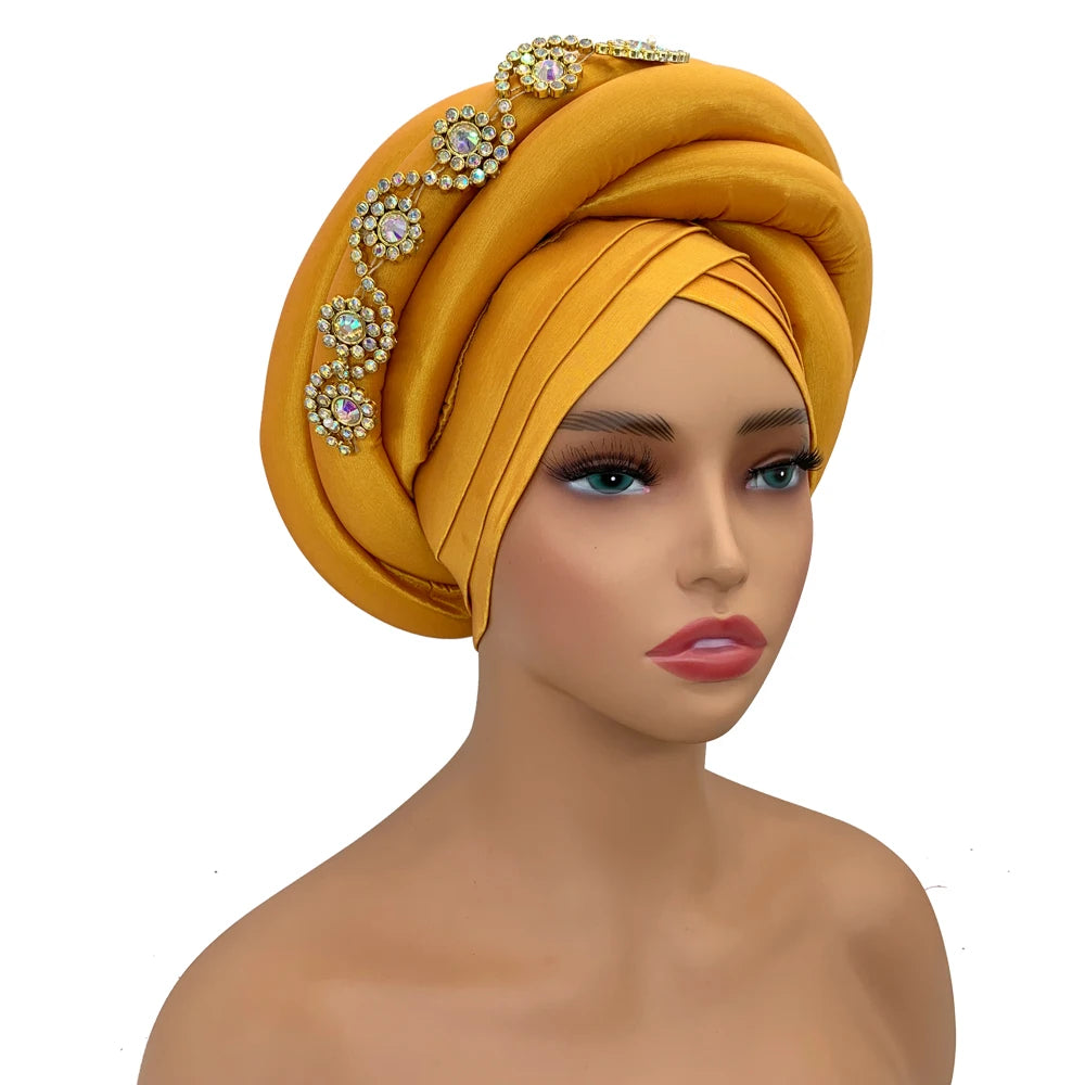 Twisted Braid Turban Cap for Women African Lady Head Wraps Diamonds Nigeria Raw Silk Autogele Headtie Muslim Hat Party Headwear - NamafadStore