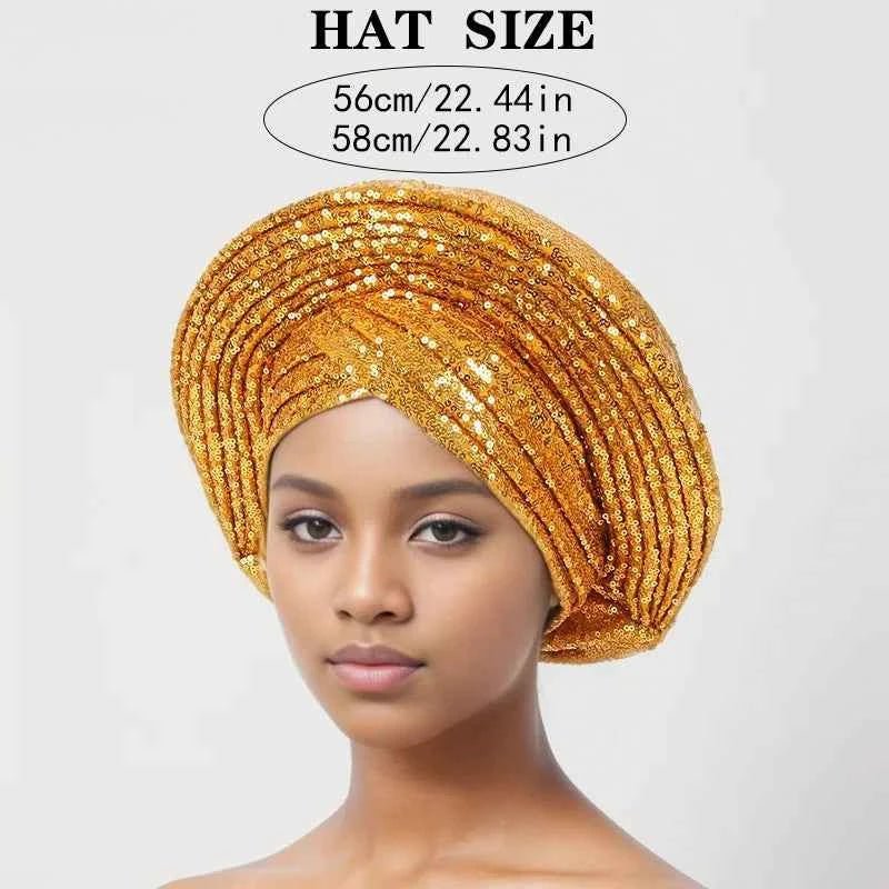 Sequins Auto Gele Headtie African Women's Head Wraps Fashion Turban Cap Nigeria Wedding Geles Already Made Head Ties Headpiece