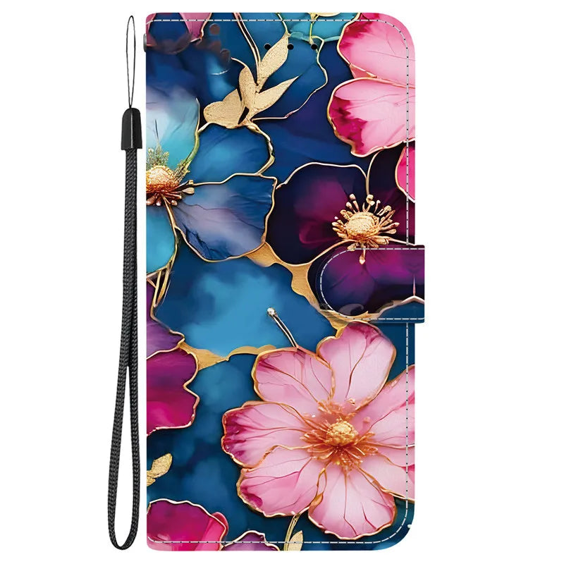 Elegant Colored Flower Wallet Phone Case For iPhone 15 14 Plus 13 Mini 15Pro Pro Max Magnetic Flip Leather Cover Cute 3D Pattern