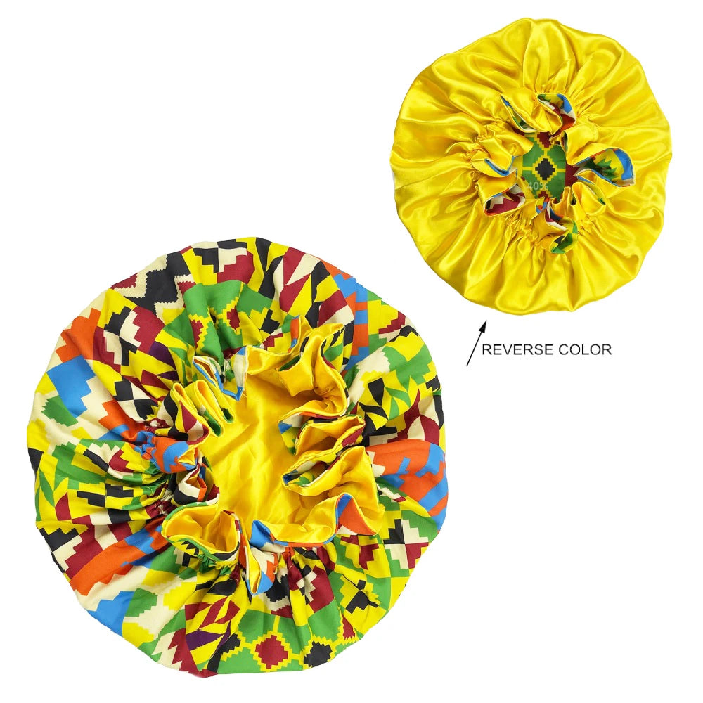 African Pattern Print Bonnet Hijabs Hat Women Night Sleep Cap Double Layer Satin Turban Extra Large Head Wear Lady Head Wrap Hat - NamafadStore