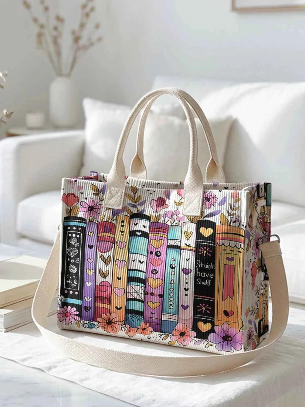 Colorful Books & Flowers Print Corduroy Tote Bag Large Capacity Multi Pocket Commuter Shoulder Bag
