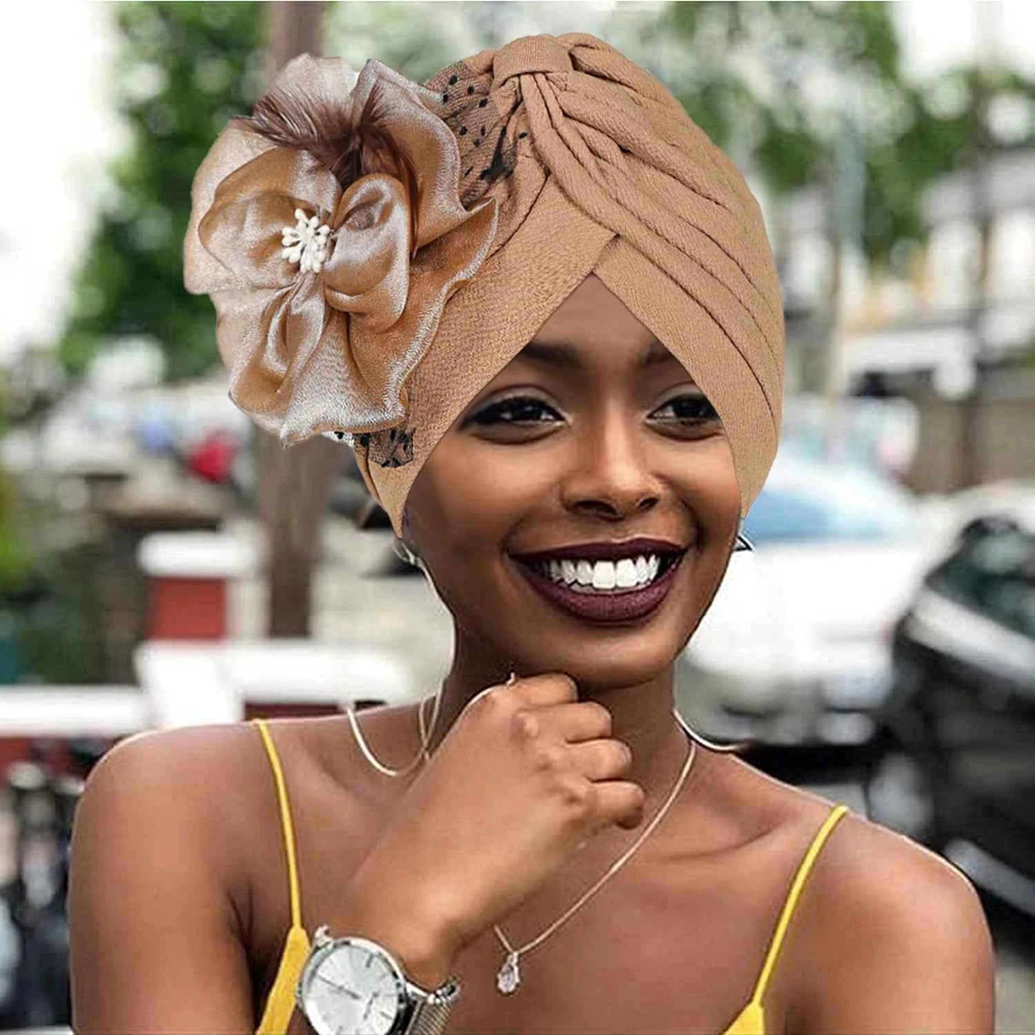 Women’s Luxury Turban Hat – Big Flower Mesh Style African Zahra Cap for Weddings & Special Occasions