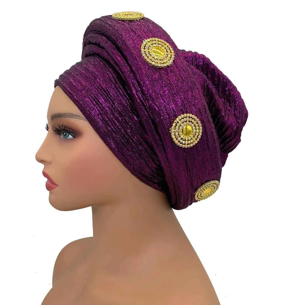 Already Made African Headtie Glitter Diamonds Women's Turban Cap Female Head Wraps Nigeria Wedding Auto Geles Party Headwear Hat