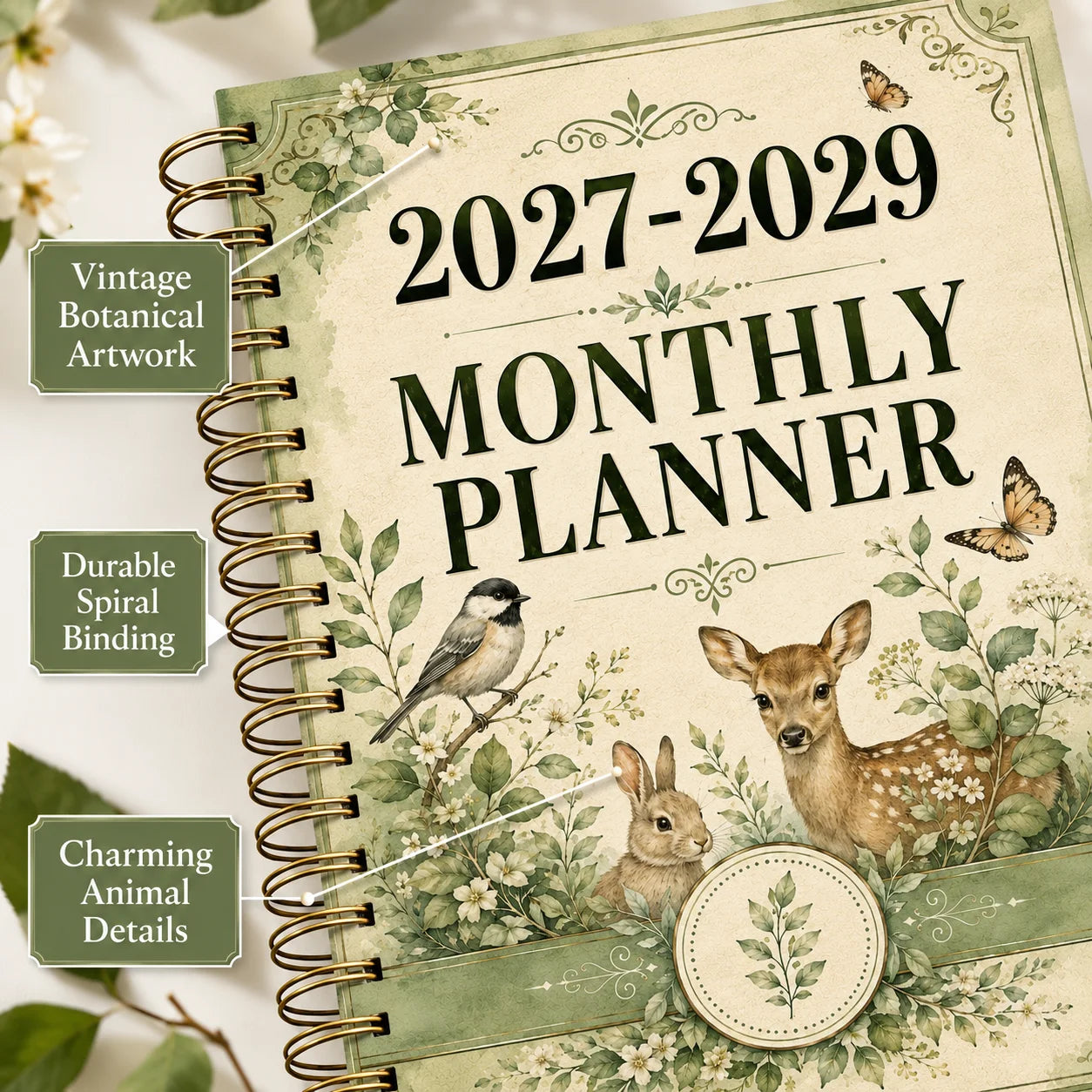 2027-2029 Forest Animal Wind Monthly Plan A5 Spiral Binding Schedule Booklet | Retro Plant Wind Long term Plan Book |