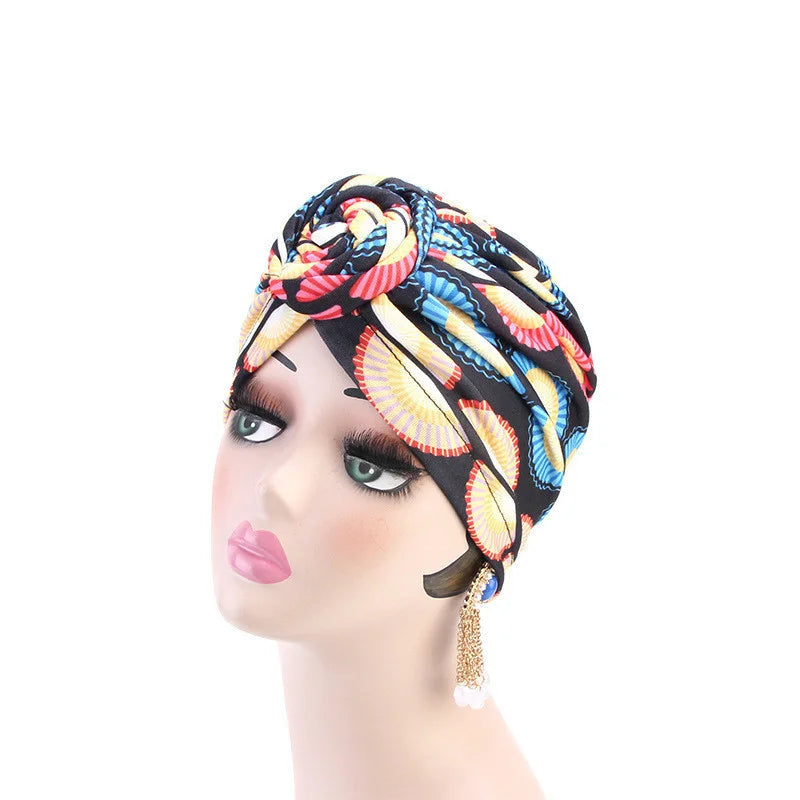 New African Print Pleated Turban Floral Beanie Knot Flower India Head Wrap Elegant Women Chemo Cap Bandana Headwear Head Cover - NamafadStore