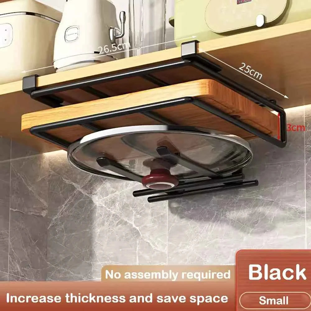 Under Cabinet Kitchen Organizer Rack with Hooks Multi-Purpose Storage Shelf for Paper Towel Cutting Board & Pot Lids