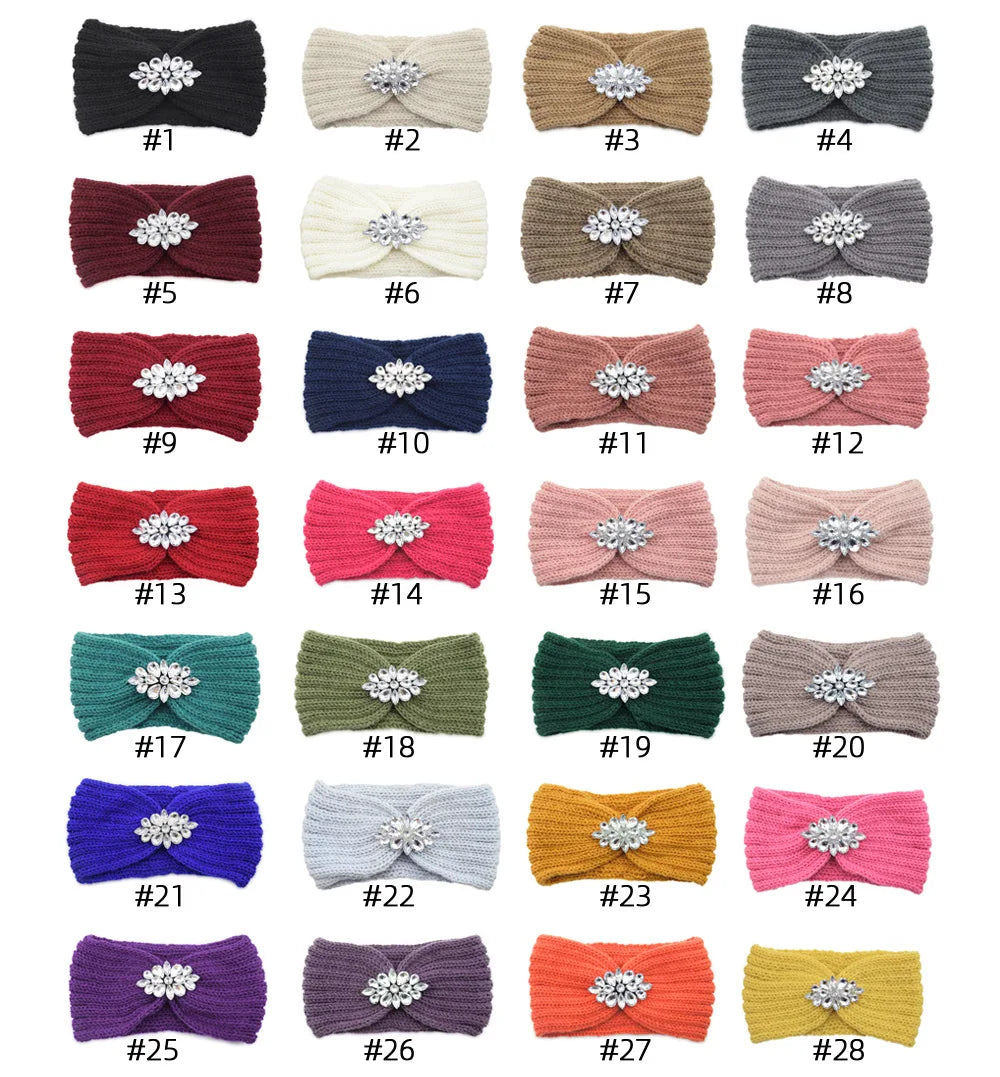 Elegant Women Rhinestone Knitted Hair Bands Ear Protection Headband Head Cover Face Washing Exercise Yoga Warm Wool Headwrap - NamafadStore