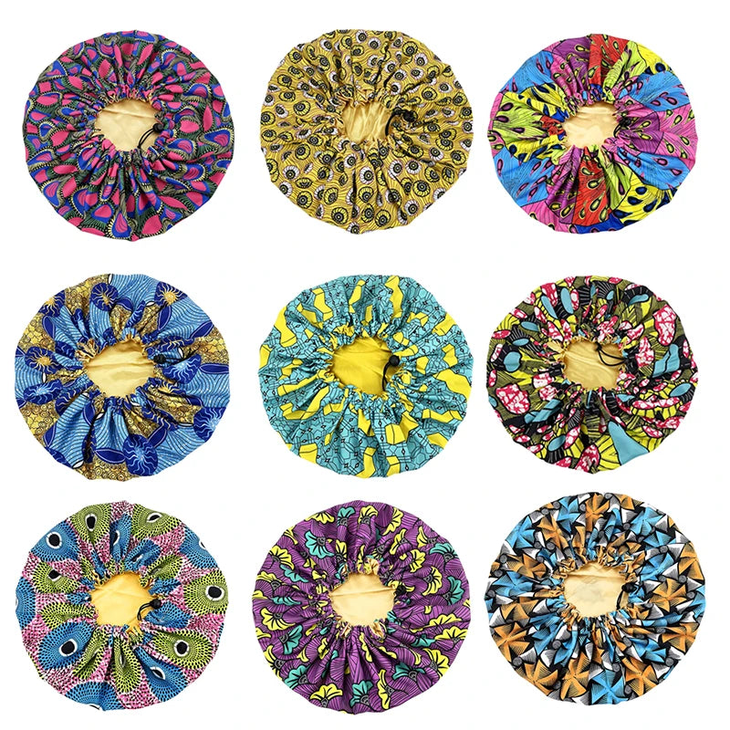 New Big Print Ankara Women Satin Bonnet Head Cover Silky Satin Elastic Sleep Cap Ladies Head Wrap Hat Hair Accessories Fashion - NamafadStore