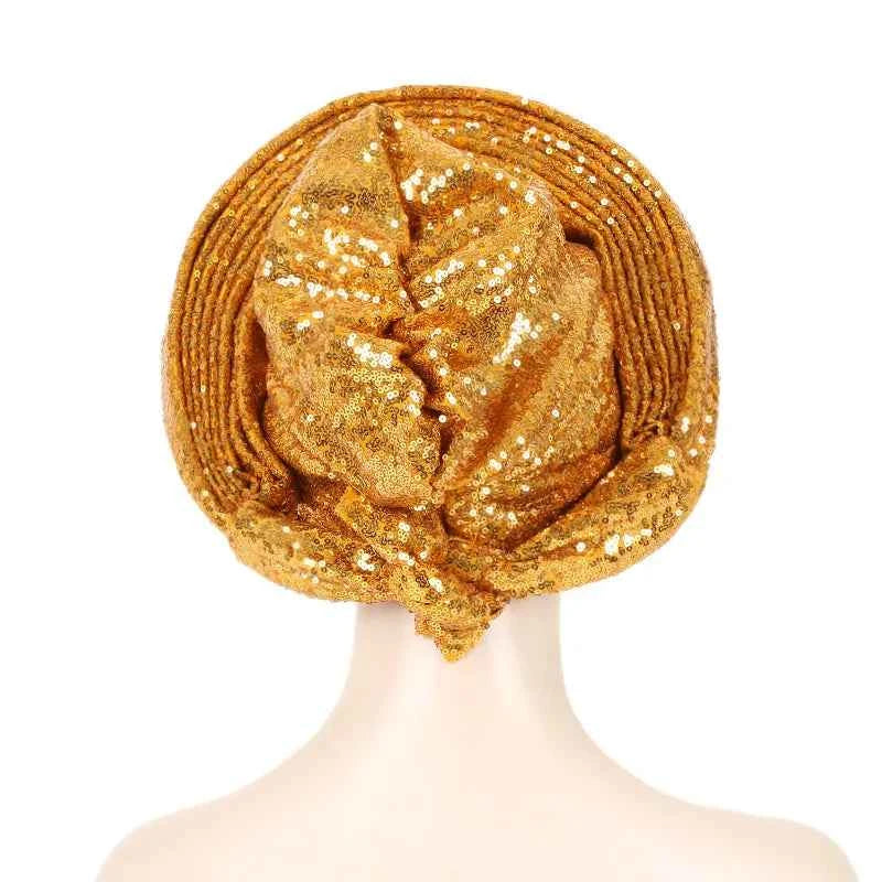 Sequins Auto Gele Headtie African Women's Head Wraps Fashion Turban Cap Nigeria Wedding Geles Already Made Head Ties Headpiece