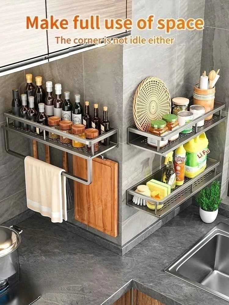 Aluminum Kitchen Shelf Wall Mounted Spice Organizer Rust and Moisture Resistant Bathroom Toiletries Storage Racks