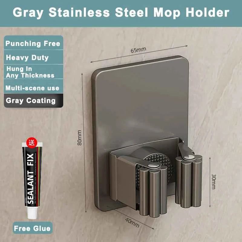 304 Stainless Steel Mop Holder Wall Mounted Adhesive Multi-Purpose Hooks Household Storage Organizer Rack Broom Hanger Stick